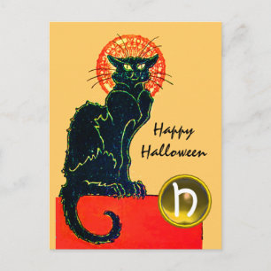 BLACK CAT HALLOWEEN PARTY MONOGRAM INVITATION POSTCARD