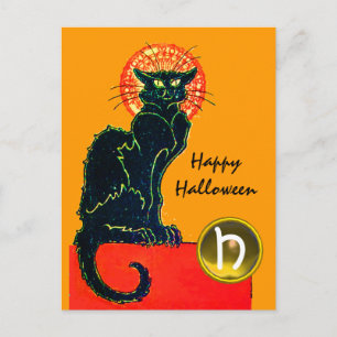 BLACK CAT HALLOWEEN PARTY MONOGRAM INVITATION POSTCARD