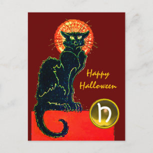 BLACK CAT HALLOWEEN PARTY MONOGRAM POSTCARD