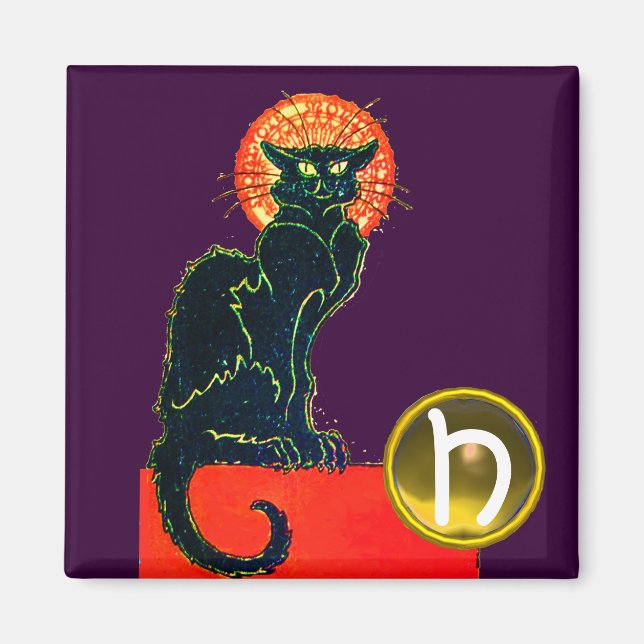 BLACK CAT HALLOWEEN PARTY MONOGRAM Purple Magnet (Front)