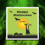 Black Cat Halloween Party Napkin<br><div class="desc">Bats in the sky fly above a green eyed black cat and leering jack o' lantern on these Halloween party paper napkins. MATCHING items in our store.</div>