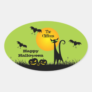 Black Cat Halloween Party Oval Sticker