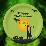 Black Cat Halloween Party Paper Plate<br><div class="desc">Bats in the sky fly above a green eyed black cat and leering jack o' lantern on these Halloween party paper plates. MATCHING items in our store.</div>