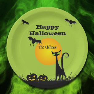 Black Cat Halloween Party Paper Plate