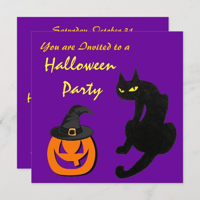 BLACK CAT HALLOWEEN PARTY Purple Invitation (Front/Back)