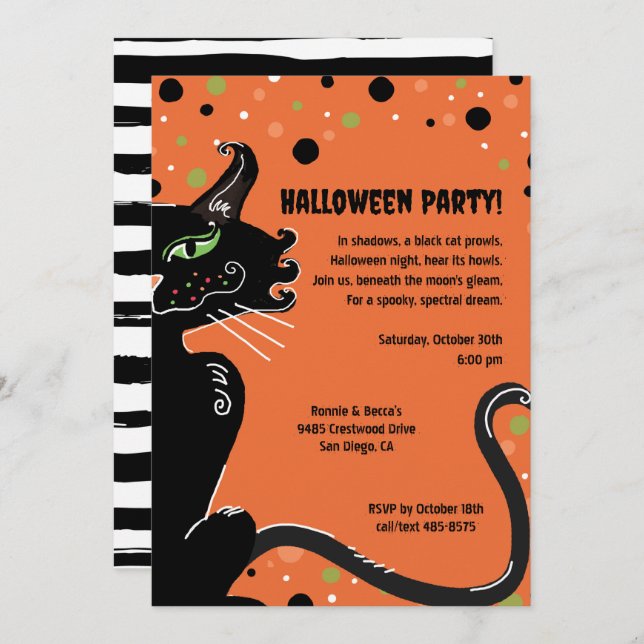 Black Cat Halloween Party Spooky Whimsical Orange  Invitation (Front/Back)