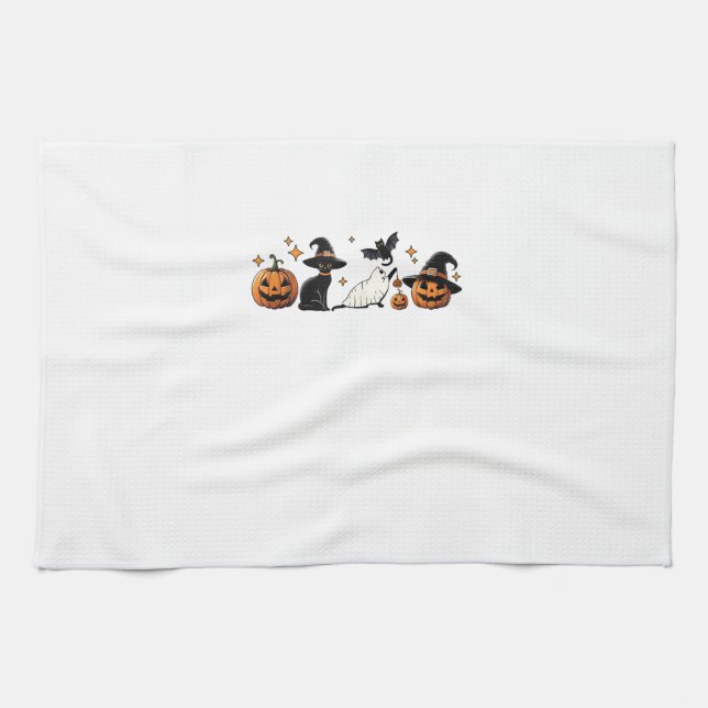 Black Cat Halloween Pumpkin Boo Ghost Witch Spooky Tea Towel (Horizontal)