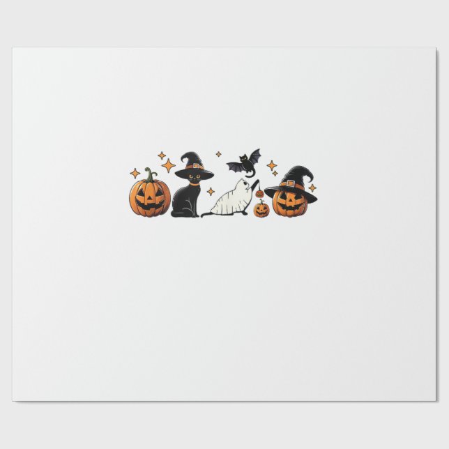 Black Cat Halloween Pumpkin Boo Ghost Witch Spooky Wrapping Paper (Flat)