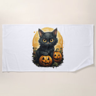 Black Cat Halloween Pumpkin - Cat Beach Towel
