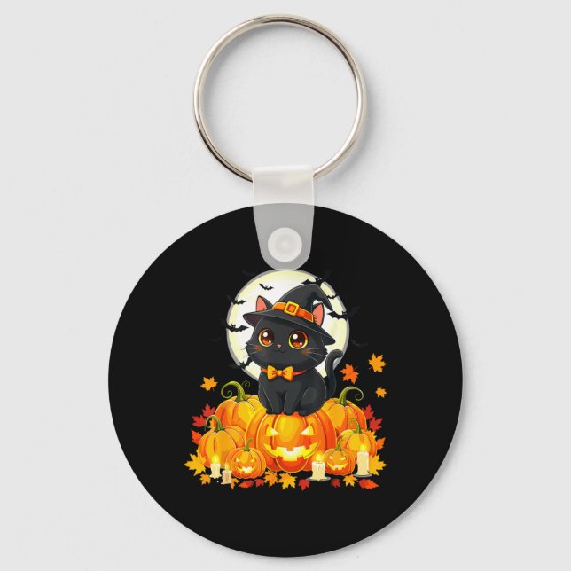 Black Cat Halloween Pumpkin Cat Key Ring (Front)