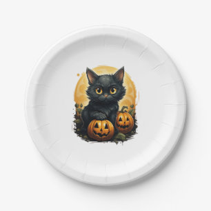 Black Cat Halloween Pumpkin - Cat Paper Plate