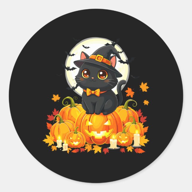 Black Cat Halloween Pumpkin Cat Performance Classic Round Sticker (Front)