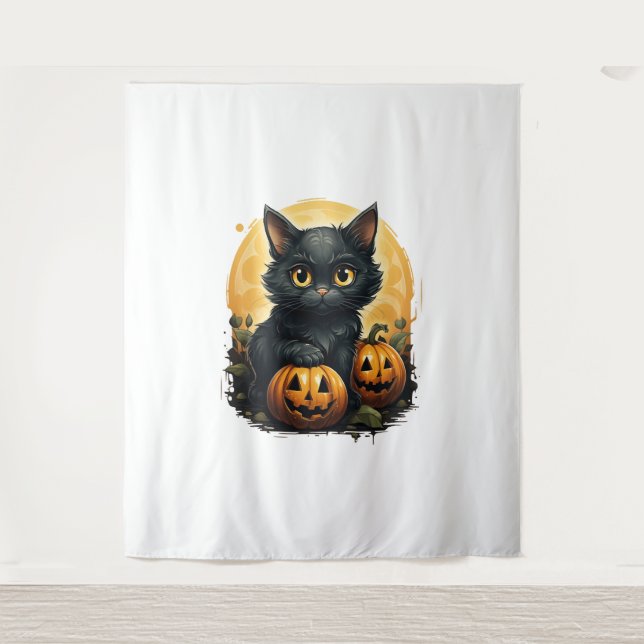 Black Cat Halloween Pumpkin - Cat Tapestry (Front)