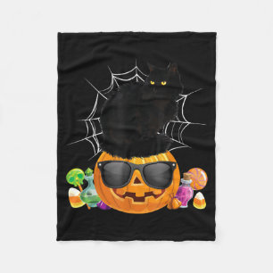 Black Cat Halloween Pumpkin Jack O Lantern Cat Fleece Blanket