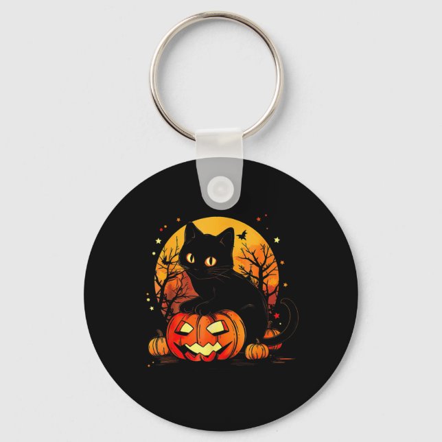 Black Cat Halloween Pumpkin Key Ring (Front)