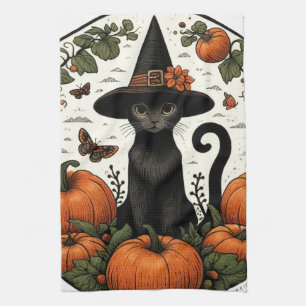 Black Cat Halloween Pumpkin Patch                  Tea Towel