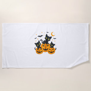 Black Cat Halloween Pumpkin Spooky Night  Beach Towel