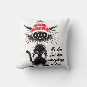 Black Cat Halloween red beanie It's Fine I'm Fine Cushion