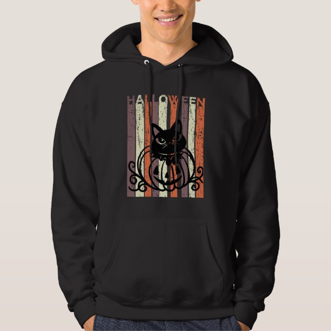 Black Cat Halloween Retro Distressed Goth Pumpkin  Hoodie (Front)