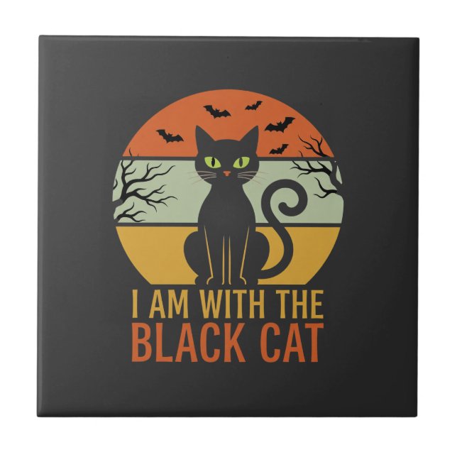 Black Cat Halloween Retro Sunset Design Ceramic Tile (Front)