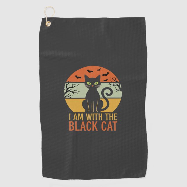 Black Cat Halloween Retro Sunset Design Golf Towel (Front)
