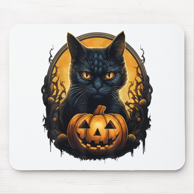 Black Cat Halloween Scary Pumpkins Moon Black Cat Mouse Pad (Front)