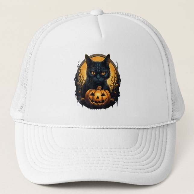 Black Cat Halloween Scary Pumpkins Moon Black Cat Trucker Hat (Front)