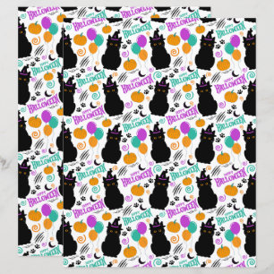 Black Cat Halloween Scrapbook Paper in White