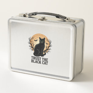 Black Cat Halloween Shirt Vintage Spooky Moon Cat Metal Lunch Box