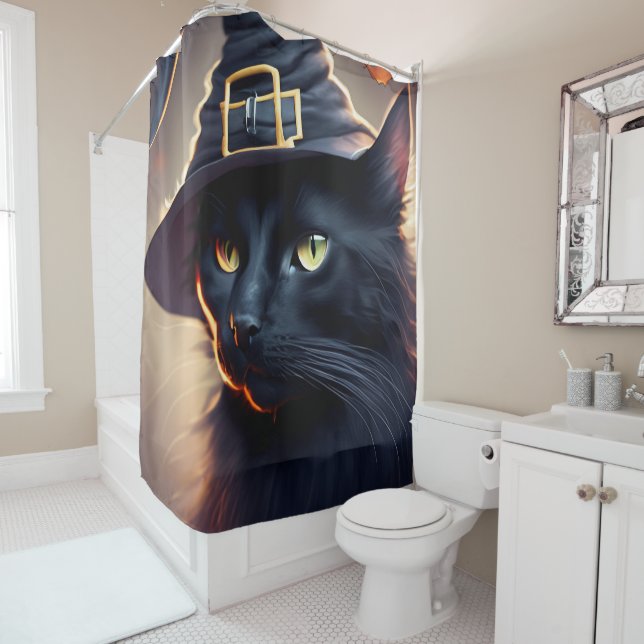 Black Cat Halloween Shower Curtain (In Situ)