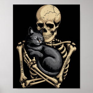 Black Cat Halloween Skeleton Hugging Cat Funny Poster