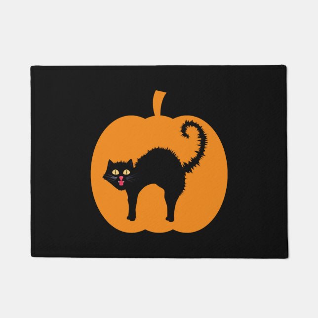Black cat Halloween, spooky cat pumpkin Halloween Doormat (Front)