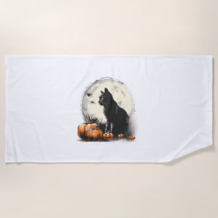 Black Cat Halloween Spooky Moon Artwork Pumpkin Sp Beach Towel
