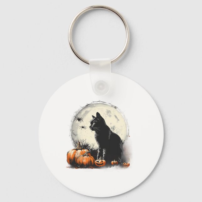 Black Cat Halloween Spooky Moon Artwork Pumpkin Sp Key Ring (Front)