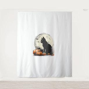 Black Cat Halloween Spooky Moon Artwork Pumpkin Sp Tapestry
