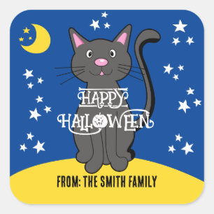 Black Cat Halloween Stars Moon Cute Kids Square Sticker