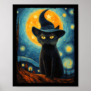 Black Cat Halloween Van Gogh Starry Night Cat Witc Poster