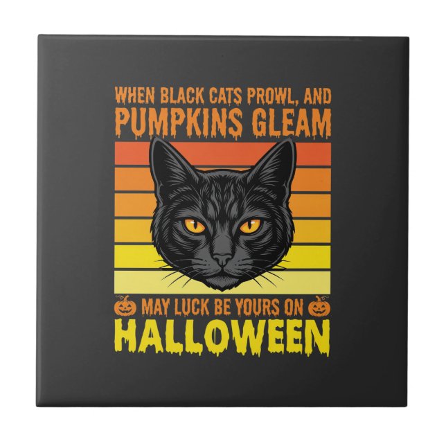 Black Cat Halloween Vintage Pumpkin Graphic Ceramic Tile (Front)