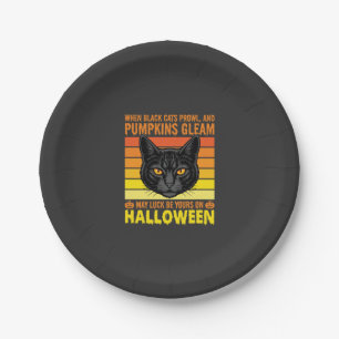 Black Cat Halloween Vintage Pumpkin Graphic Paper Plate