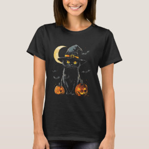 Black Cat Halloween Wizard Hat Crescent Moon T-Shirt