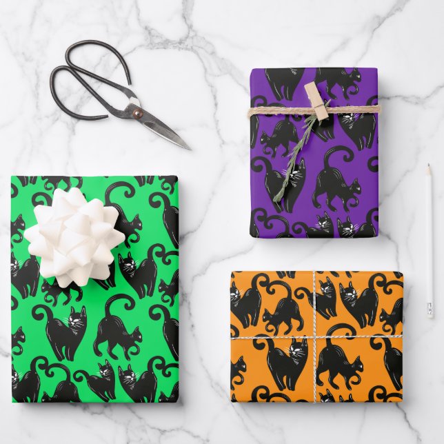 Black Cat Halloween Wrapping Paper Set (Front)