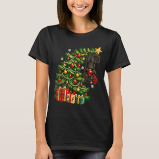 Black cat hanging from christmas tree festive pet T-Shirt