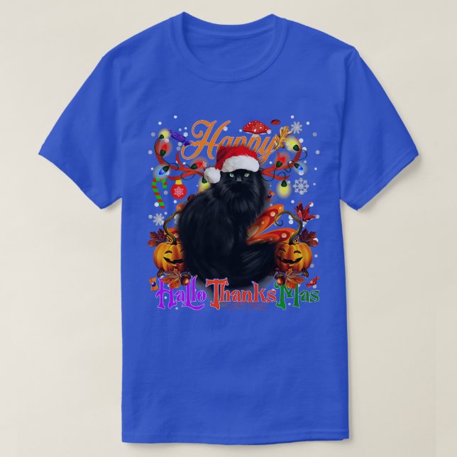 Black Cat Happy Hallothanksmas Halloween Thanksgiv T-Shirt (Design Front)