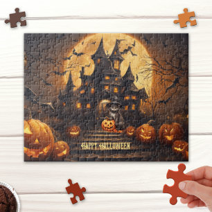 Black Cat Happy Halloween Haunted House Puzzle