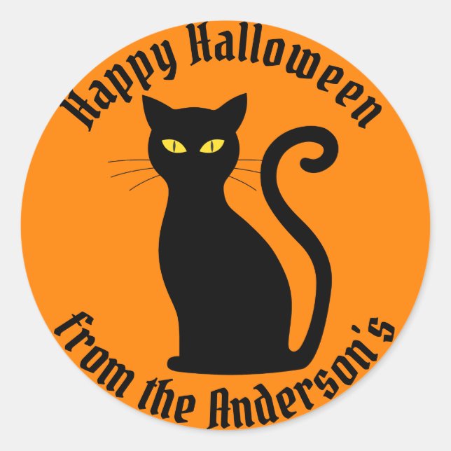 Black Cat Happy Halloween Party Classic Round Sticker (Front)