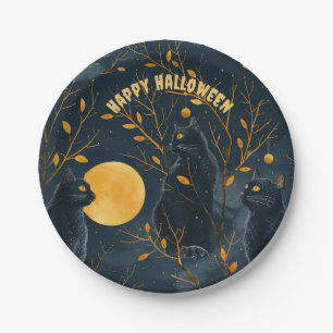Black Cat Happy Halloween Party Paper Plate