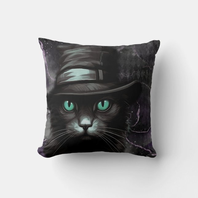Black Cat Hat Argyle Alcohol Ink  Cushion (Front)