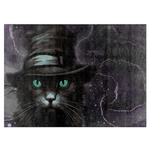 Black Cat Hat Argyle Alcohol Ink Cutting Board (Front)