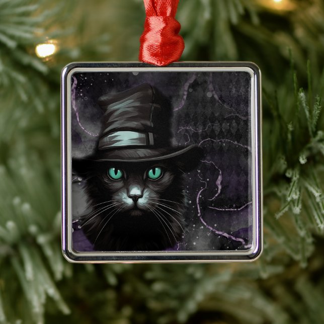 Black Cat Hat Argyle Alcohol Ink Metal Ornament (Tree)