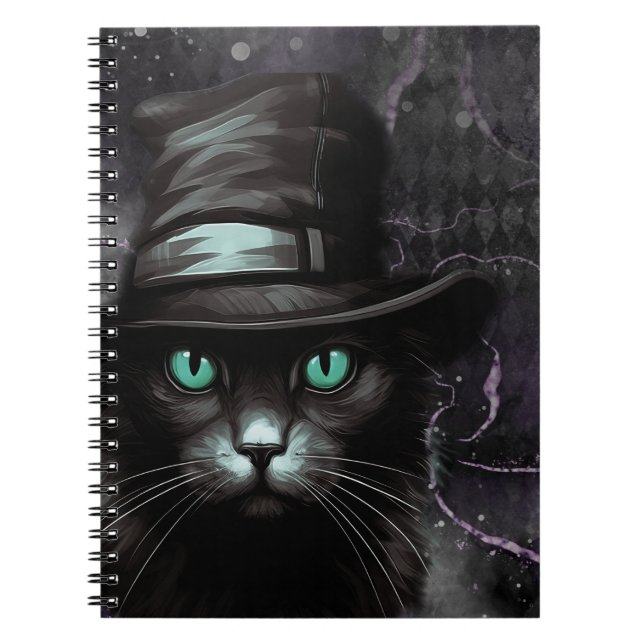 Black Cat Hat Argyle Alcohol Ink  Notebook (Front)